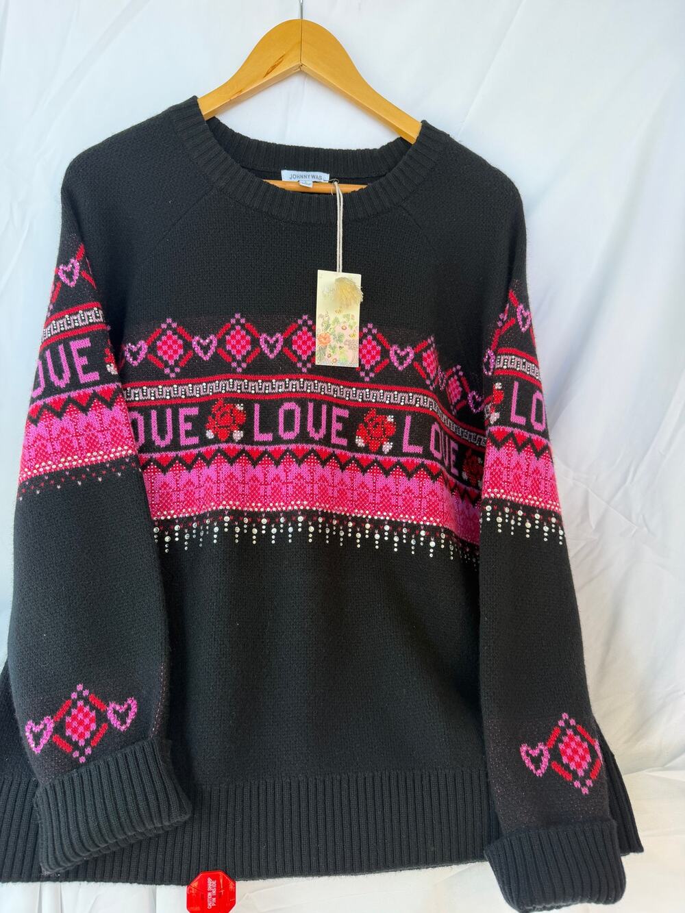 Johnny Was NWT Love Heart Sweater Black Pink Embellished Pullover Women's Lg